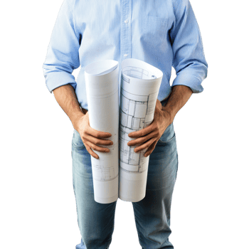 A person holding architectural blueprints showcasing planning and design concepts. png