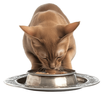 A curious cat eating from a metallic bowl, showcasing its unique features and colors. png