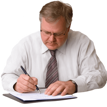 A professional man diligently writing notes in a formal setting. png