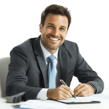 A confident businessman smiling at the desk while writing notes in a notebook. png