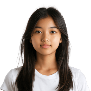 A portrait of a young woman with long hair, wearing a casual white shirt, smiling gently. png