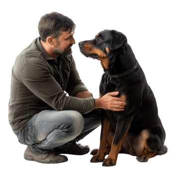 A man lovingly interacts with his Rottweiler dog in a tender moment. png