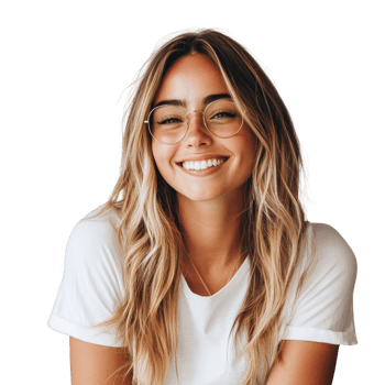 A cheerful woman with glasses smiling brightly for a fresh and vibrant portrait. png