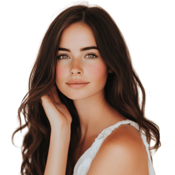 A serene portrait of a young woman with long, flowing hair and a natural, radiant look. png