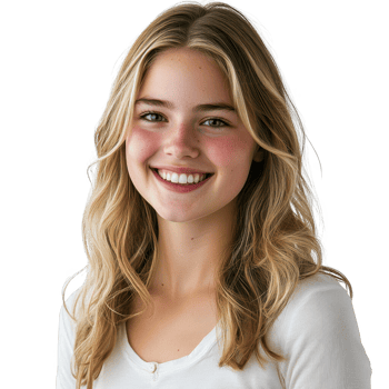 A cheerful young woman with blonde hair smiling brightly in a casual setting. png