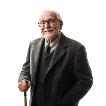 An older man with a cane and a gray suit png