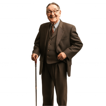 An older man in a suit and tie standing with a cane png