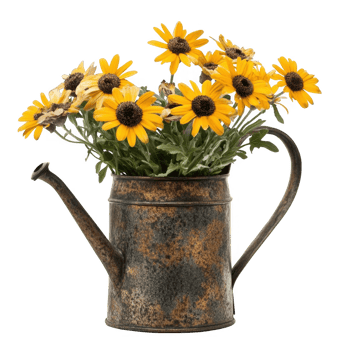 A watering can with yellow flowers in it png