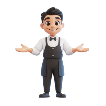 Friendly cartoon waiter offering excellent service with a welcoming smile. png