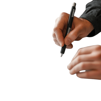 Hands writing important notes with a pen on a table in a professional setting. png