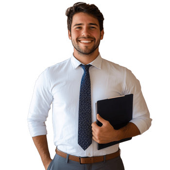 Confident young professional in formal attire, ready for work with a portfolio. png