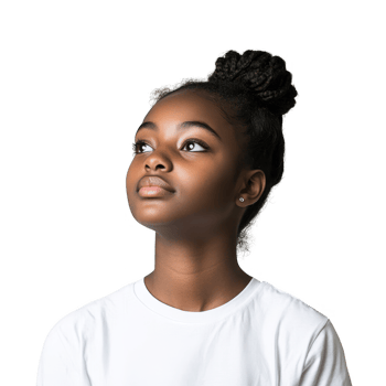 A thoughtful young girl gazes upward with hope and curiosity. png