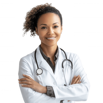 Confident female doctor smiling in a white coat with stethoscope, representing healthcare. png