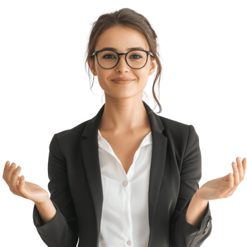 Confident businesswoman in a suit, showcasing a positive and open mindset. png