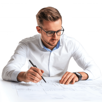 A young professional reviewing architectural plans with concentration and focus. png