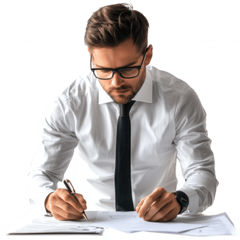 Focused businessman analyzing documents and making notes in a professional setting. png