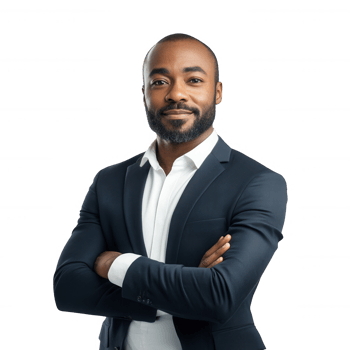 Confident businessman in a suit, posing with arms crossed and a smile. png