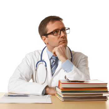 A thoughtful doctor reflecting on medical knowledge and patient care. png