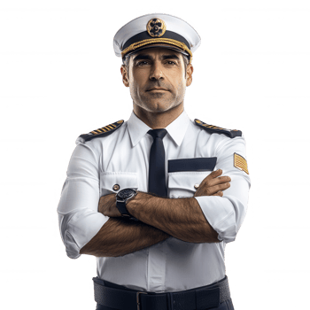 Confident pilot in uniform, standing with arms crossed, embodying professionalism. png