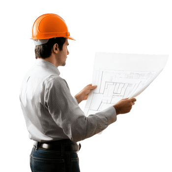 Engineer reviewing architectural plans with a hard hat and blueprints in hand. png