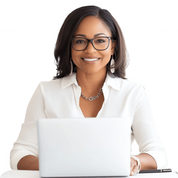 Smiling woman working on laptop, showcasing modern workplace and professionalism. png