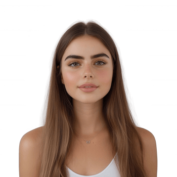 Portrait of a young woman with long hair and natural makeup, smiling softly at the camera. png