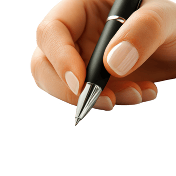 Close-up of a hand holding a pen, ready to write or sign a document. png