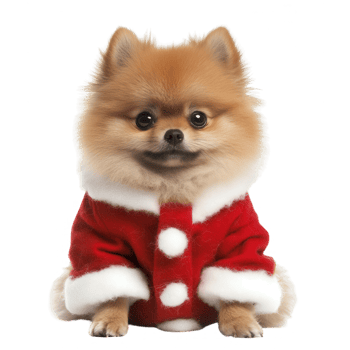 Adorable Pomeranian dressed in a festive Santa costume, perfect for holiday cheer. png
