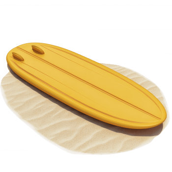A vibrant yellow surfboard resting on soft sand, inviting adventures and ocean waves. png