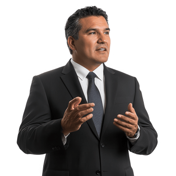 Confident businessman giving a presentation with hand gestures and a professional attire. png
