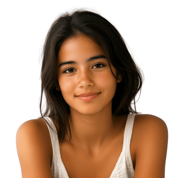 A smiling young girl with long hair, expressing happiness and positivity. png