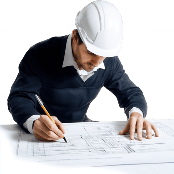 An architect meticulously designing blueprints with focus and precision. png
