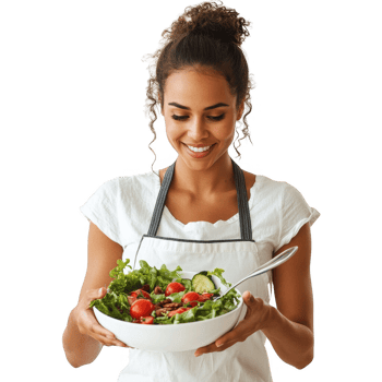 Happy woman enjoying a fresh salad prepared with vibrant vegetables. png