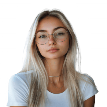 A young woman with blonde hair and glasses, showcasing a thoughtful expression. png
