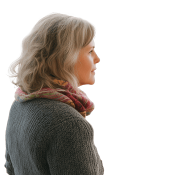 Thoughtful woman in profile wearing a cozy sweater and scarf, lost in contemplation. png