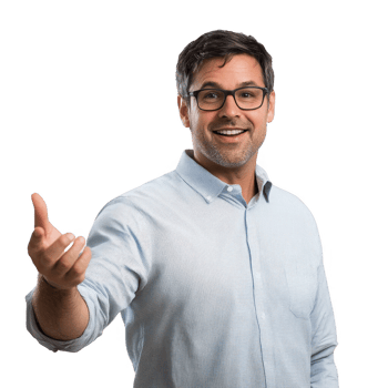 A smiling man in a blue shirt gestures welcomingly with an inviting expression. png