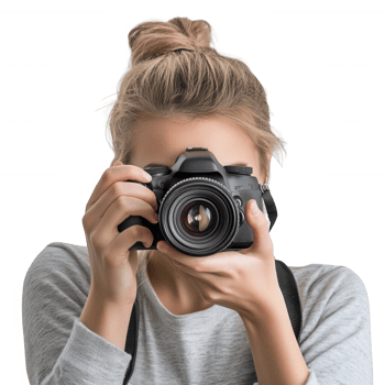 A young woman takes a photo with a professional camera, capturing precious moments. png
