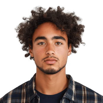 Portrait of a young man with curly hair, showcasing a calm and thoughtful expression. png