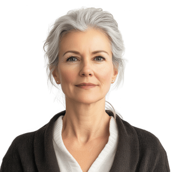 Confident older woman with gray hair, looking directly at the camera with a calm expression. png