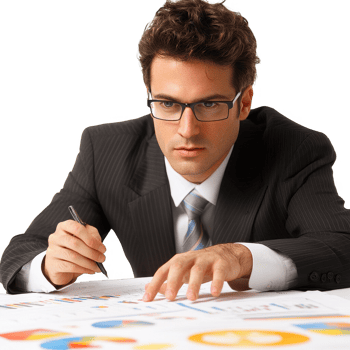 Focused businessman analyzing data charts and documents in a professional setting. png