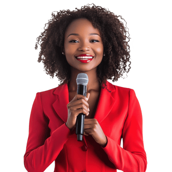 Confident woman in red suit speaking into a microphone with a bright smile. png