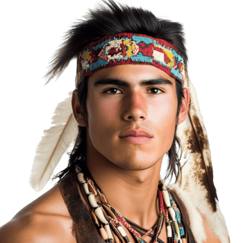 Portrait of a young man with traditional Native American attire and accessories. png