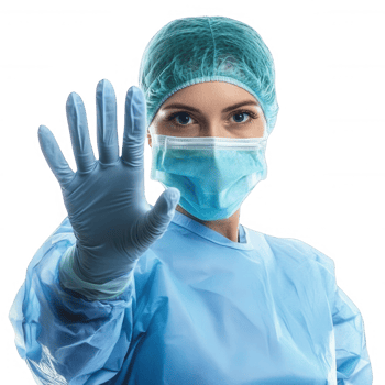 Medical professional in protective gear, signaling health awareness and safety. png