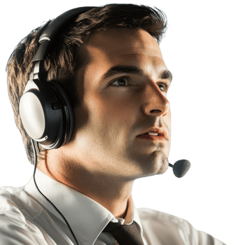 Professional man wearing headset, engaged in customer support call. png