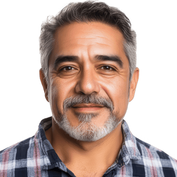 Smiling middle-aged man with a friendly expression, wearing a plaid shirt. png