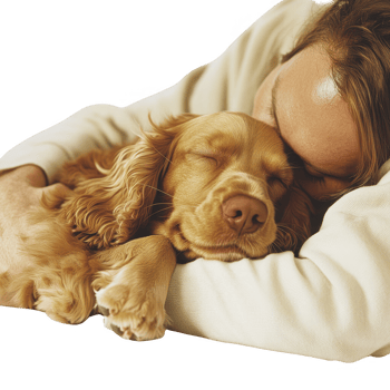 A woman cuddles with her sleeping dog, showcasing warmth and affection. png