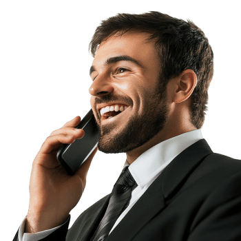 Smiling businessman talking on the phone in a professional setting. png