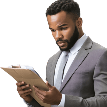 Businessman reviewing notes on a clipboard with a focused expression, dressed in formal attire. png