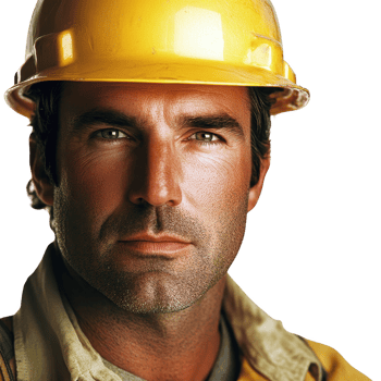 Portrait of a serious construction worker wearing a yellow hard hat. png