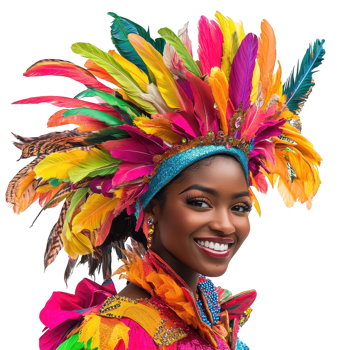A vibrant celebration featuring a smiling woman in a colorful feathered headdress. png